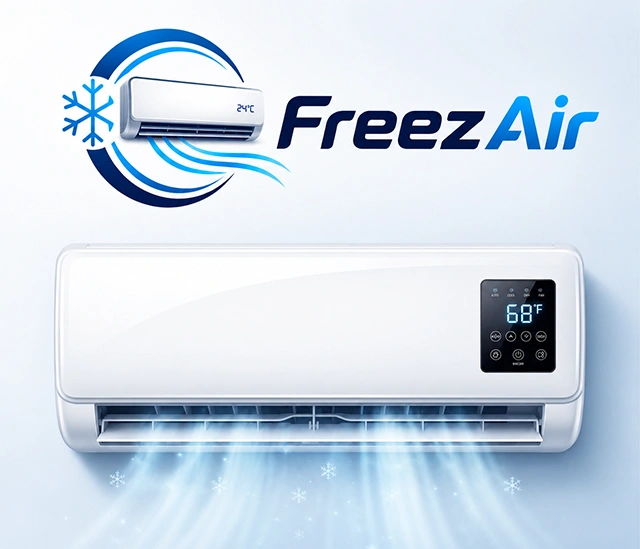 FreezAir portable air conditioner mounted on a wall, cooling a room